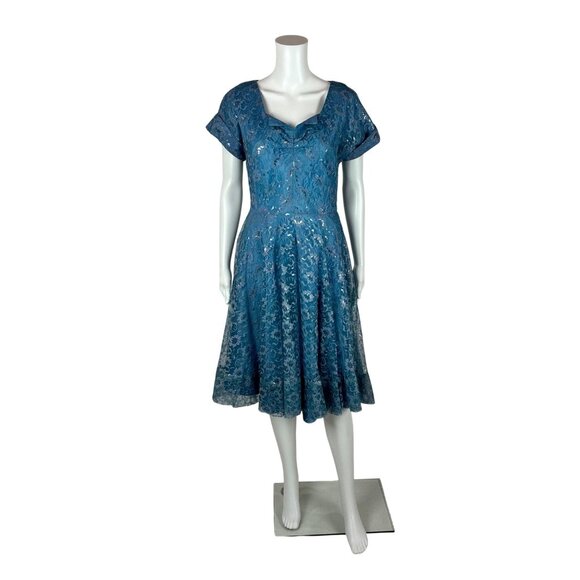 Vintage Dresses & Skirts - Vintage 50s Lace Dress Women's Small Blue Silver Cinderella Party Fit & Flare